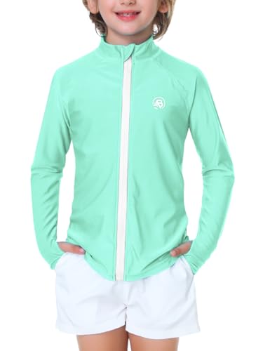Image of Girl Zip Up Rash Guard Boys Long Sleeve Swim Shirts SPF 50 Uv Protection Sun Shirt with Thumb Holes Mint 3-4 Years