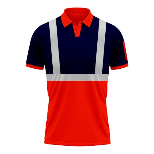 mymixtrendz Mens High Visibility Hi Vis Safety Work Wear Short Sleeve 2 Tone Contrast Polo Shirts Work Wear Top Shirts, Orange Navy, XXL