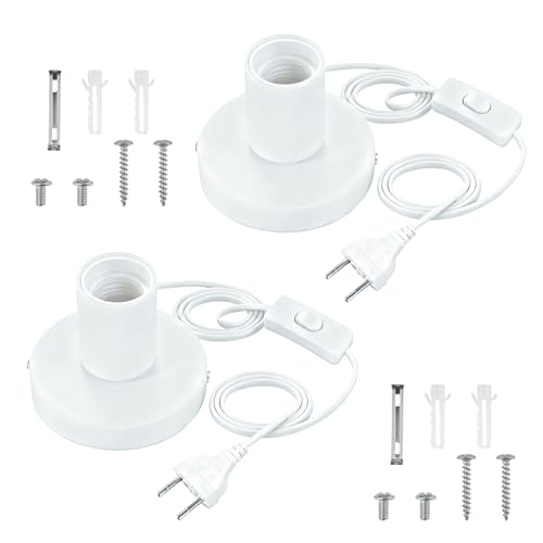 2 pezzi Portalampada da Comodino E27 con Interruttore per Cavo Porta Lampade E27 Attacco da Tavolo con Spina per Camera da Letto Muro Camino Bar Halloween Natale(Esclusa Lampadina) (Bianco(A))