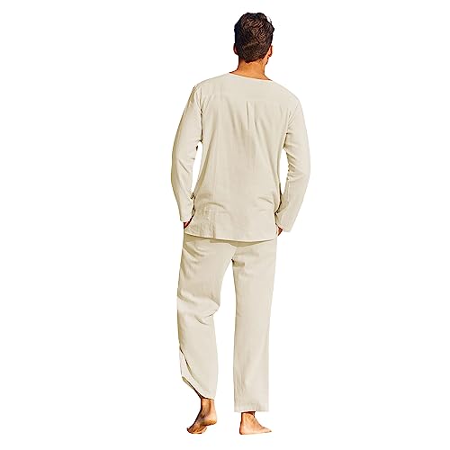 SANSIWU 2-teiliges Herren-Set aus Baumwoll-Leinen, lässig, einfarbig, langärmelig, Henley-Hemd und lockere Hose mit Kordelzug, Sommer-Strand-Outfits, A-Kaki, XXL