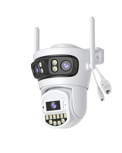 Reobiux Telecamera Wi-Fi Esterno,3K,2.4/5G,Videocamera Sorveglianza Esterno dotato di 3 Obiettivo,PTZ,360°,Cablata,Ethernet,Visione Notturna, Audio Bidirezionale, Rilevamento Persone, IP66,Bianco