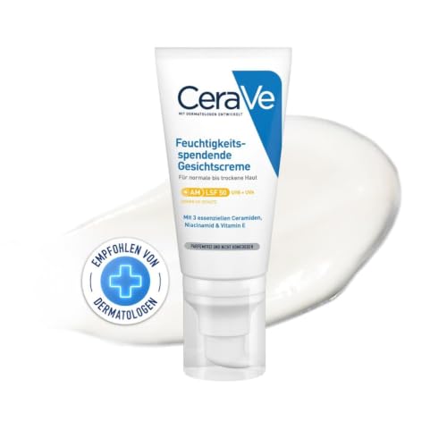 CeraVe Feuchtigkeitsspendende Gesichtscreme mit LSF 50, Tägliche Pflege mit UV-Schutz für normale bis trockene Haut, Mit 3 essenziellen Ceramiden, Niacinamide und Vitamin E, 52ml