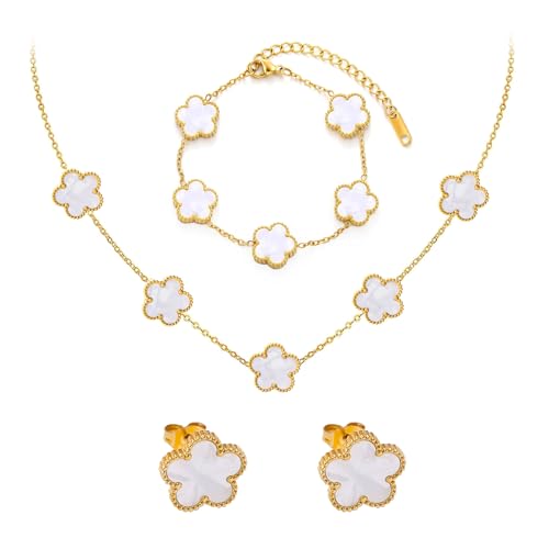 FANCYWUXI Ensemble de bijoux feuille de trèfle à quatre feuilles 18 carats, plaqué or pour femmes et filles, bracelet, collier, boucles d'oreilles, ensemble...