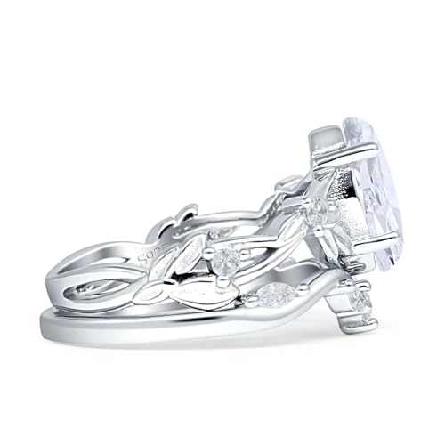 OMRANII Art Deco Marquise Shaped Two Piece Vintage Style Leaf Floral Cubic Zirconia Wedding Engagement Ring Solid 925 Sterling Silver2