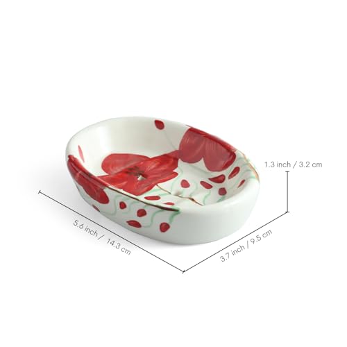 Image of ExclusiveLane 'Scarlet Bloom' Ceramic Soap Dispenser Set for Bathroom Wash Basin Bathroom Accessories Set of 3 (Liquid Soap Dispenser, Toothbrush Holder, Soap Tray Holder, Hand-Painted)