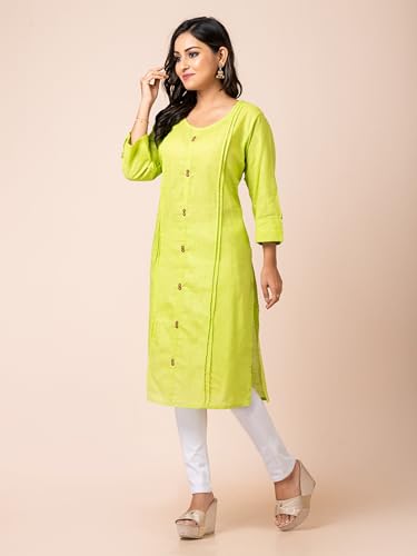 Image of Susmita Gift House Women's Slub Cotton Round Neck 3 /4 Sleeves Front Button Solid Kurti