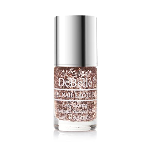 Image of DeBelle Gel Nail Polish Elite Tiffany(Rose Gold Flaky Glitter Top Coat Nail Paint)| Non UV - Gel Finish |Chip Resistant | Seaweed Enriched Formula| Long Lasting|Cruelty and Toxic Free| 6ml