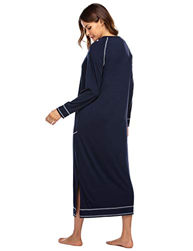 Ekouaer Nightgowns for Women Cotton Soft Long-Sleeve Long Women Sleepwear Nightdress Navy Blue