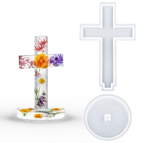 Fuehbur 5 Resin Cross Mold with Base 5 Inch Standing Cross Silicone Mould Floral Design for Crafting DIY Hanging Candles Decoration Blessed Cross MakingMold Length: 5.43 in Depth: 0.39 in