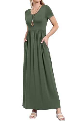 Image of EUOVMY Women's Short Sleeve Loose Plain Maxi Dresses Casual Vacation Long Dresses with Pockets