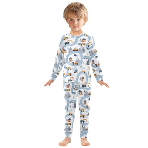 Cartoon Pajamas Set Blue Road Vehicle Pattern Long Sleeve PJs Cotton Jammies Sleepwear Top and Pants3