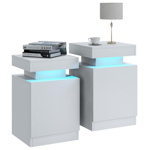 Sonegra Set of 2 Nightstand, White, with 24 Color LED Lights