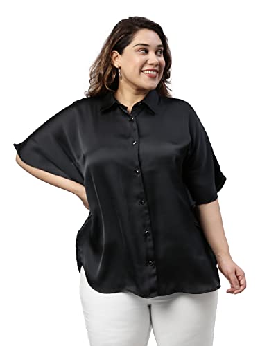 Image of The Pink Moon Women's Regular Fit Plus Size Black Satin Kaftan Top - (SHR TIM10W Black)