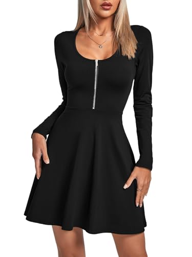 Image of Umenlele Women's Scoop Neck Long Sleeve Dresses Casual Flowy Swing Mini Short Wrap Skater Dress