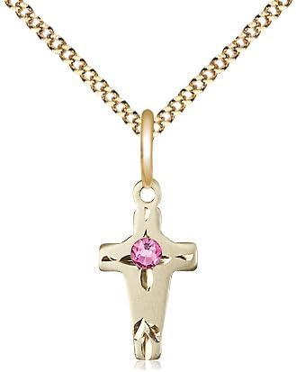 14kt Gold Filled Cross Pendant with a 3mm Pink Austrian Crystal stone on a 18 inch Gold Plate Light Curb Chain.
