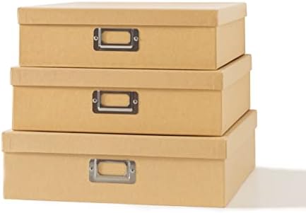 Kraft Paper Storage Boxes with Lids for Documents - Set of 3 Keepsake Boxes: Decorative Cardboard Photo Storage Containers, Memory Boxes for Keepsakes, Stackable Archival Storage Cartons by Soul&Lane