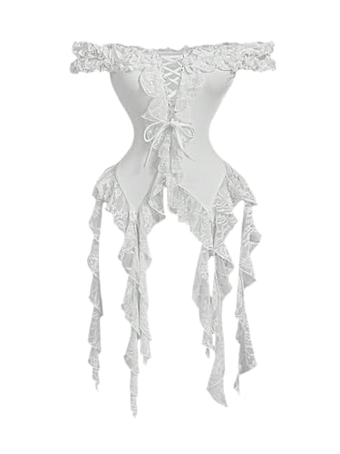 SweatyRocks Women's Y2k Off The Shoulder Tops Lace Up Asymmetrical Ruffle Hem Flowy Blouse Shirts White Small