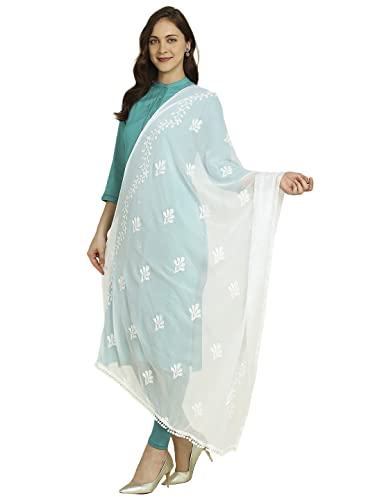 Image of DUPATTA BAZAAR Women's White Embroidered Chiffon Dupatta With Pom Pom Lace, Free Size