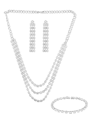 Image of ZAVERI PEARLS Silver Tone Marquise Cubic Zirconia Layered Necklace Earring & Bracelet Set For Women-ZPFK12586