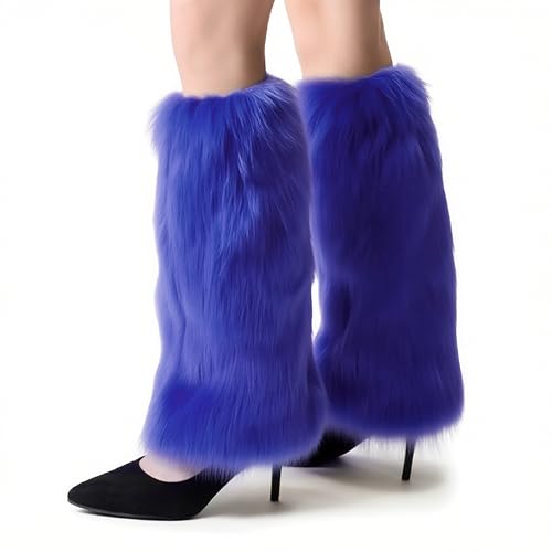 Peecabe Winter Women Faux Fur Fluffy Leg Warmers Fuzzy Long Boot Covers Furry For Christmas (Royal Blue 40cm/15.7in Length)