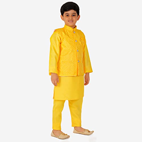 Image of Pro-Ethic Style Developer Kurta Pajama For Kids Boys With Waistcoat | Silk | Floral | Traditional Dress (S-200)