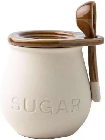 Ceramic Sugar Bowl with Spoon and Lid, White and Brown