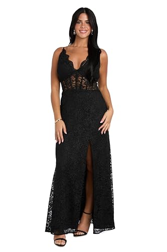 Image of Long Lace Corset Gown W /Illusion Scallop Bodice, Spaghetti Straps & High Slit