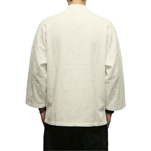 Image of Mens Kimono Cardigan Cotton Linen Japanese Shirt 3 /4 Sleeve Haori Yukata | Skin-Friendly Solid Color Lightweight Shawl Collar Kimono Robe Embroidery Button Tie Pockets Happi Coat All Season Daily Wear