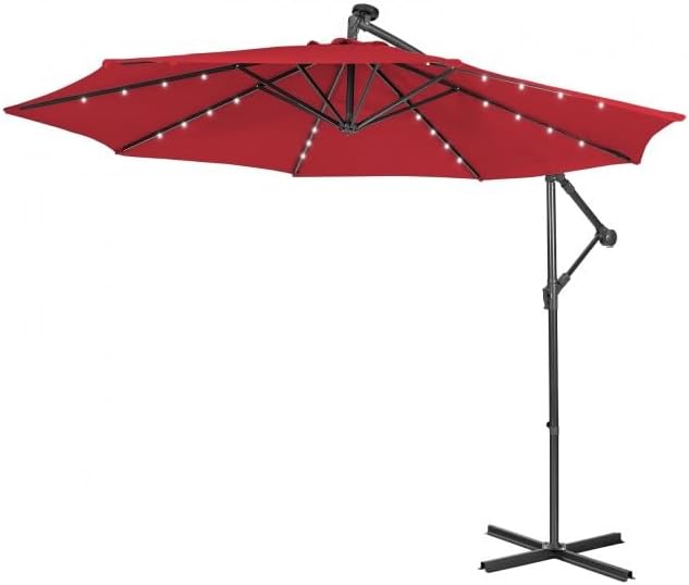 10ft Solar-Powered Cantilever Patio Umbrella with Tilting System Wine Fabric UV-Resistant Heavy-Duty Base
