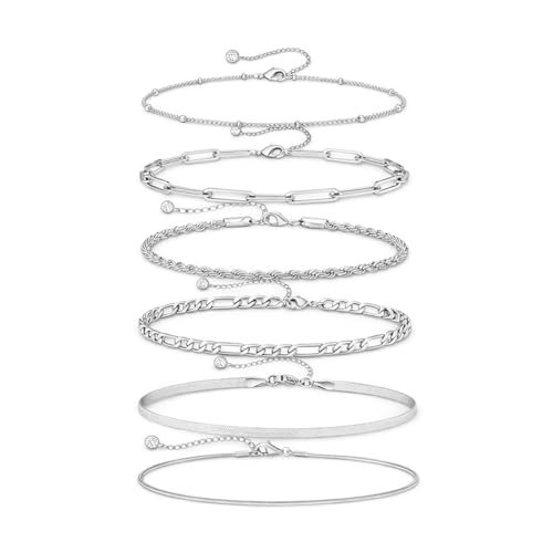 Image of VAMA FASHIONS Trendy 6 Pcs Silver Plated Bracelets Hand Jewelry Paperclip Rope Snake Figaro Herringbone Beads Chain Bracelets Set For Girls & Women