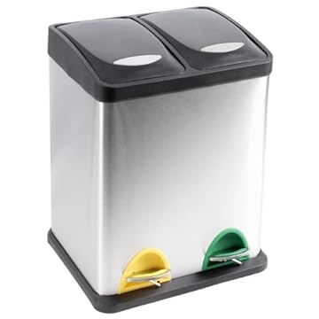 EVRE Indoor Kitchen and Waste Separation Recycling Bin Stainless Steel with Removable Buckets, Odour Seal and Colour Coded Pedals for Offices, Home and Classrooms (16L, 8L+8L)