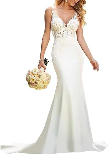 JAEDEN Spitzen Brautkleid Meerjungfrau Hochzeitskleider V-Ausschnitt Standesamt Kleid Rückenfrei Elfenbein 42 JAEDEN Spitzen Brautkleid Meerjungfrau Hochzeitskleider V-Ausschnitt Standesamt Kleid Rückenfrei Elfenbein 42