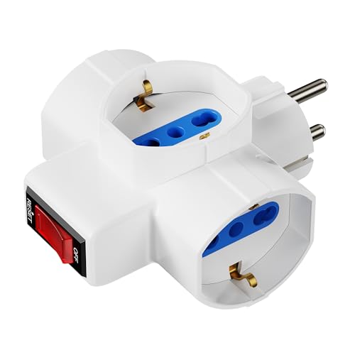 Ewent Adattatore Elettrico Triplo, Multipresa 3-in-1 con interruttore On/Off, 3 Posizioni Universali Schuko 10/16A, Spina Schuko 2P+T 16A combinata standard tedesco e francese, Protezione bimbi, 3500W