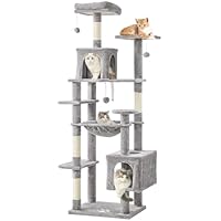 MSmask Kratzbaum groß, L Katzenbaum Stabil, Katzenkratzbaum mit 2 Plattformen, 2 Katzenhöhlen, Hängematte, Sisalsäulen, mehrstöckiger Kletterbaum für Katzen (Hellgrau, 173 cm)