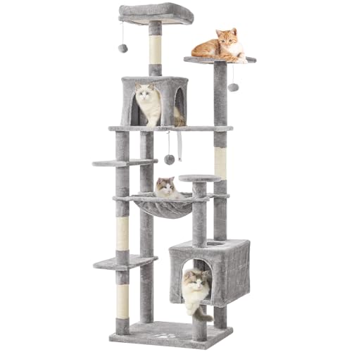MSmask Kratzbaum groß, L Katzenbaum Stabil, Katzenkratzbaum mit 2 Plattformen, 2 Katzenhöhlen, Hängematte, Sisalsäulen, mehrstöckiger Kletterbaum...