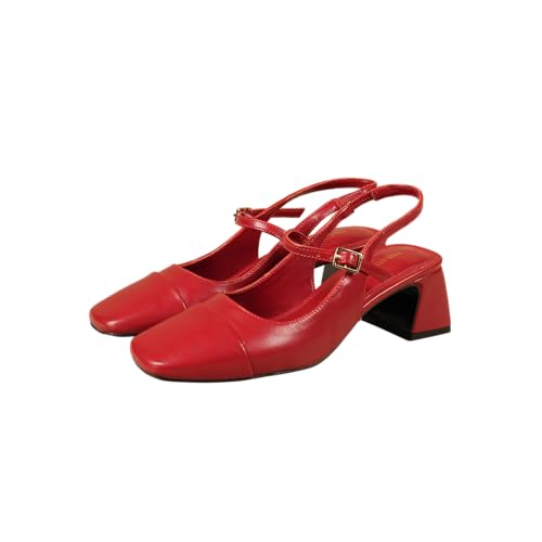 Image of Theater Women Twiggy Mary Jane Block Heel Sandals with Square Toe and Adjustable Buckle Slingback | Cushioned Comfort for Office & Formal Wear