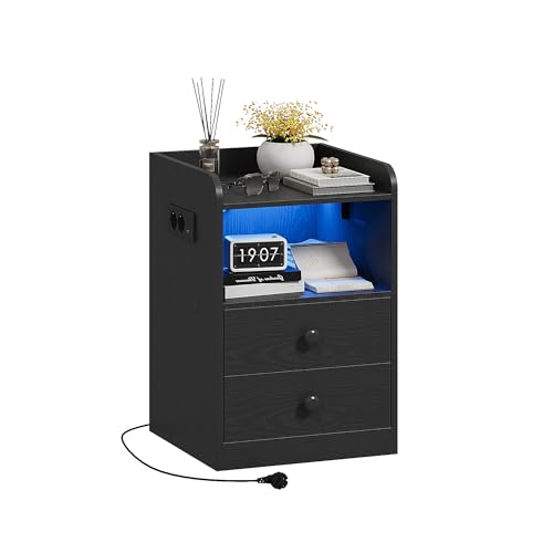 IRONCK Nachttisch mit Steckdose und LED, Beistelltisch mit 1 USB & 1 Typ-C Anschlusse, Nachtschrank 2 Schubladen&offene Fächer, Sofatisch für...