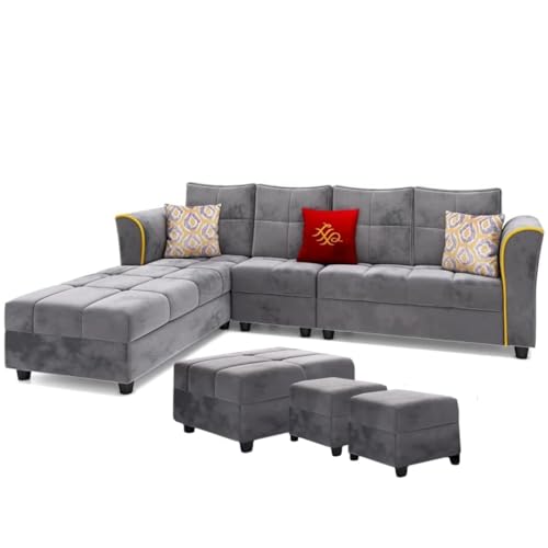 FURNY Melrond 8 Seater Fabric LHS Sectional L Shape Sofa Set with 1 Centre Table & Puffy (Grey)