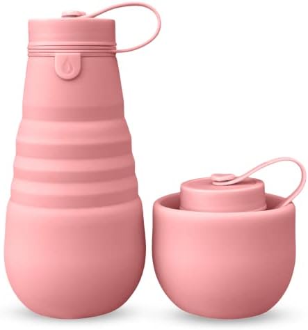 Gisho Collapsible Water Bottle - Foldable Silicone Water Bottle, Flexible Silicone BPA Free, Travel Water Bottle, Outdoor Portable Water Bottle, Hiking Bottle Water 17oz/500ml (Flamingo Pink)