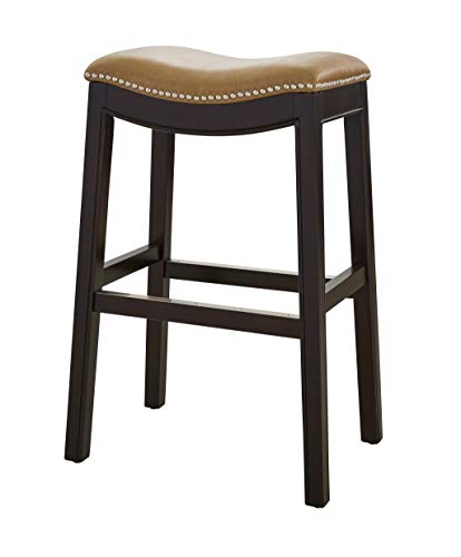 HomeRoots 31\" Tan and Espresso Faux Leather and Solid Wood Backless Counter Height Bar Chair