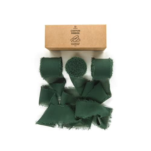 Vitalizart 3 Rolls Handmade Fringe Chiffon Silk Ribbon 1.5" X 7Yd Dark Green Ribbons Set For Wedding Invitations, Bridal Bouquets, Gifts Wrapping, Diy Crafts #TOP2