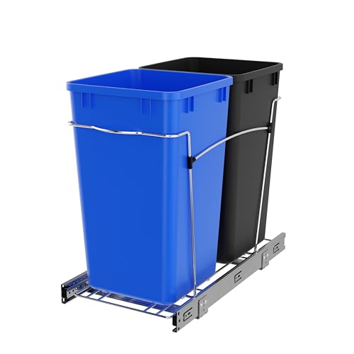 Rev-A-Shelf Pullout Trash Can for Kitchen Cabinets, Blue/Black Bin, 27 Qt | Large Capacity Garbage Recycling Waste Container, Heavy Gauge Metal Wire Construction, Full Extension Slides, RV-15KD-2218C-S
