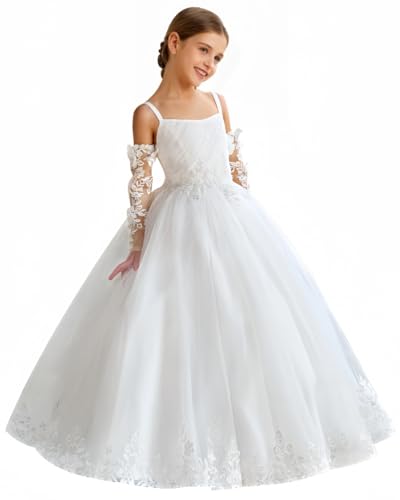 Floral Applique Flower Girl Dress with Train Spaghetti Strap First Communion Dresses with Sleeves Pageant Ball Gown