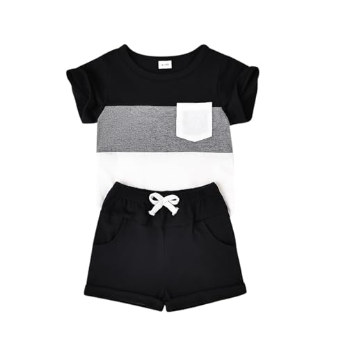 Image of Toddler Boy Clothes Baby Summer Outfit Patchwork Tee Shorts 12M-4T | Soft Patchwork Tee, Pocket Shorts With Stretch Waistband, Breathable For Summer Play, Machine Washable