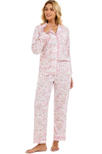 Image of LUBOT 100% Cotton Pajamas for Women Pajama Set 2 Piece PJ Sleepwear Set Soft Ladies Button Knit Long Sleeve Loungewear XS-XXL
