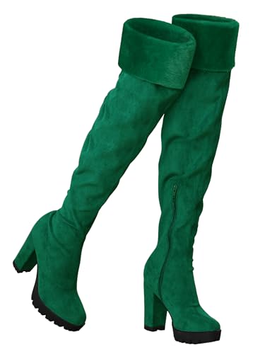 Allegra K Women's Platform Faux Fur Zipper Chunky Heel Green Over Knee High Boots 8 m US