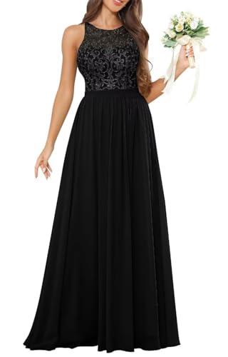 Damen Neckholder-Kleid für Brautjungfern mit Spitzenapplikation, ärmellos, Chiffon, formelles Abendkleid, Partykleid, Schwarz , 54 Plus