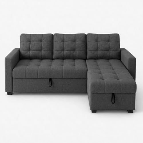 Image of CASASTYLE Sumur 4 Seater RHS L Shape Sofa with Pull Out Bed & Storage Lounger | Premium Soft Velvet Suede Fabric | Comfort Cushions | Ideal for Living Room, Hotel & Office (Dark Grey)