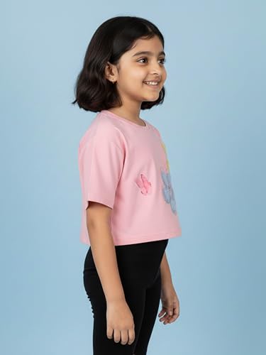 Image of KiddoPanti Girls 100% Cotton Solid Drop Shoulder Half Sleeve Round Neck Crop Tee