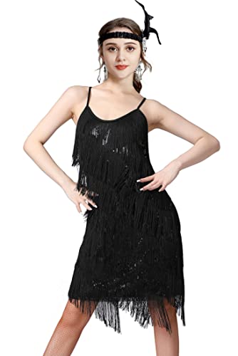 Image of Women 1920s Gatsby Flapper Dress Sexy Open Back Strap Fringed Cocktail Party Dress with 20s Accessories